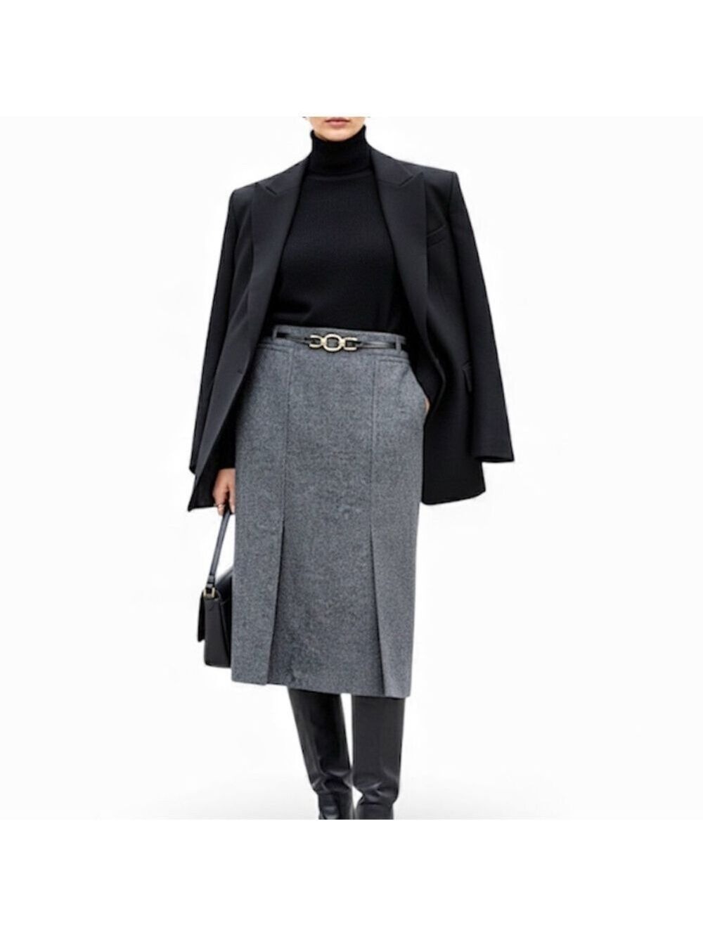 Celine pure wool vintage 70s 80s grey box pleated horse bit belted midi skirt 46